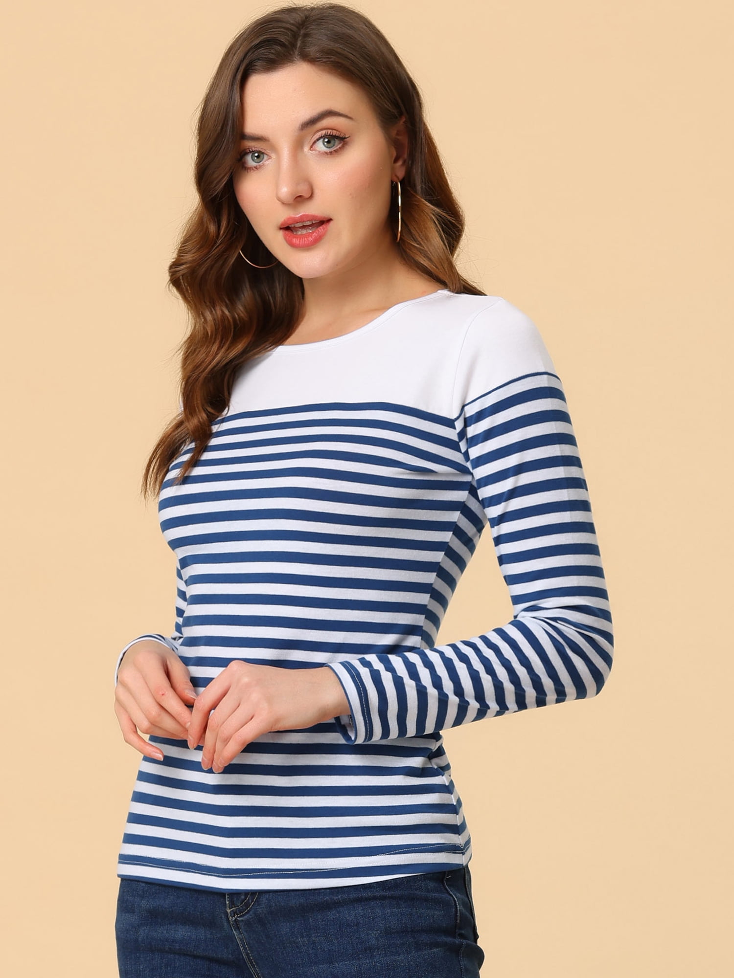 DARING DIVA Women's Color Block Striped Knit Top Long Sleeves T-Shirt M Blue White