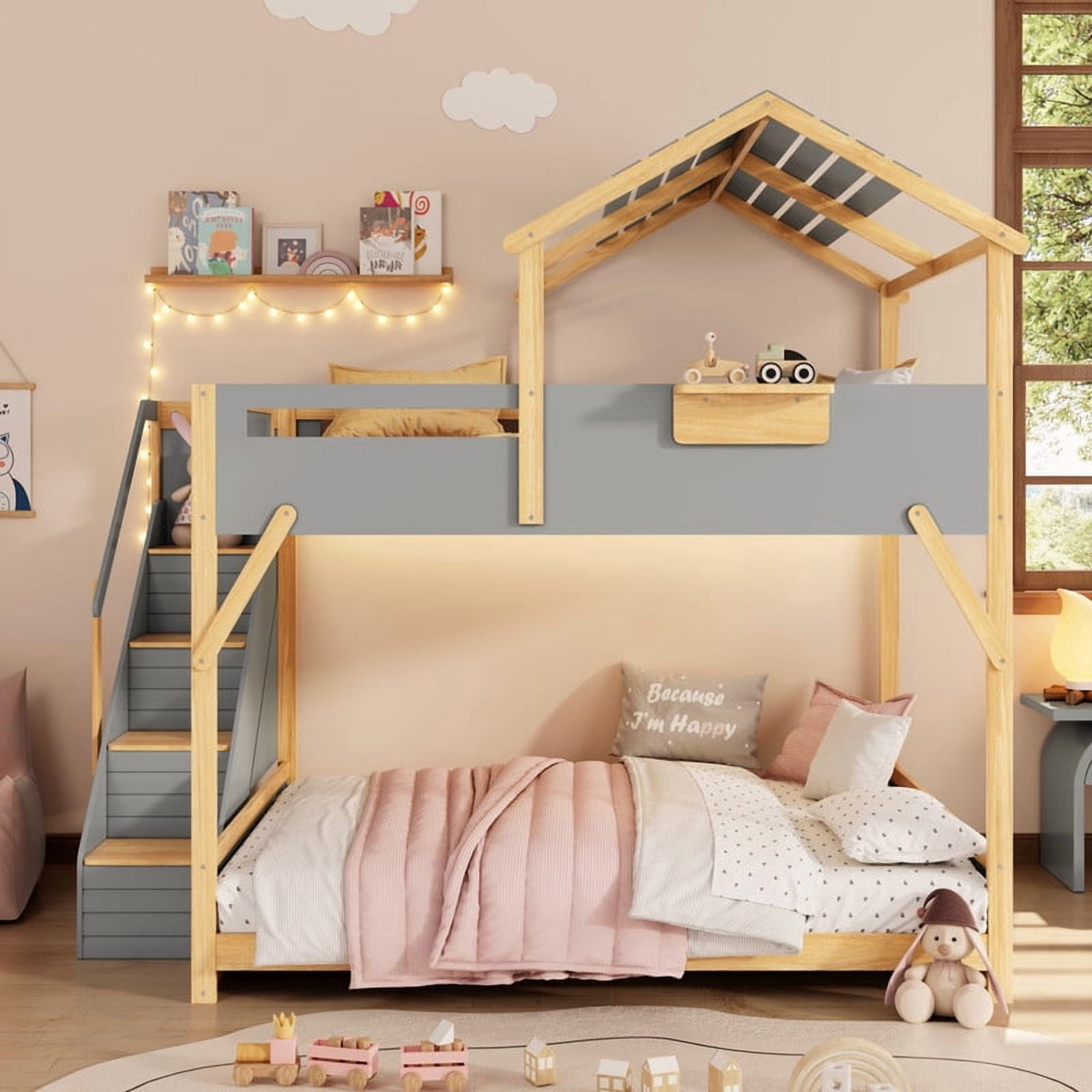 Full over Full House-Shaped Bunk Bed with Roof & Stairs, Kids Bed Frame with 3-Color LED Lights & Bedside Storage Shelf