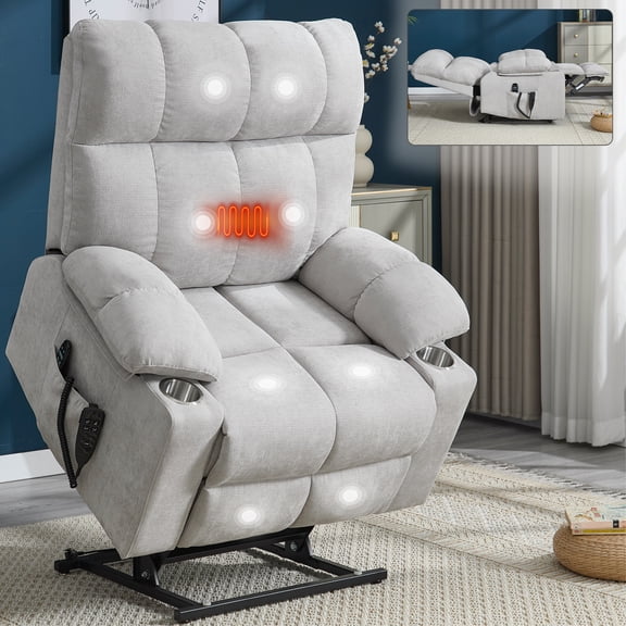 Beige Dual Motor Infinite Position Up to 350 LBS Chenille Power Lift Chair, Heavy Duty Adjustment Mechanism with 8-Point Vibration Massage and Lumbar Heating, Dual Cup Holders