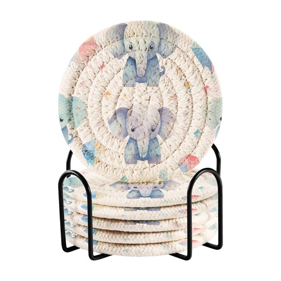 Elephants Ballon 6 Pcs Drink Coasters with Holder Absorbent Coasters Woven Coasters for Drinks Table Desk Protection Home Decor