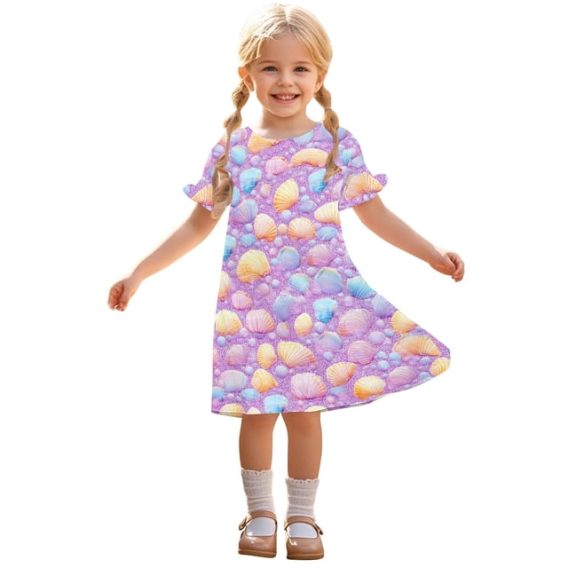 Zpanxa Robes d'Été pour Filles Décontractées à Manches Courtes Col Rond Imprimé Robe en Polyester Spandex Violet 11 Ans