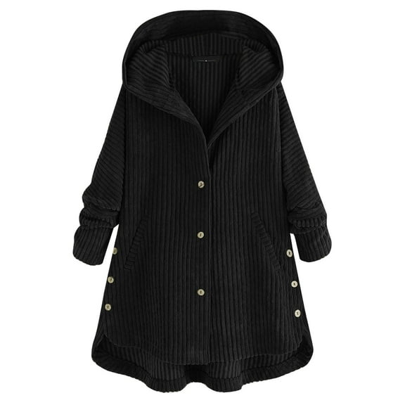 Womens Jacket Women's Autumn Winter Solid Fashionable Casual Corduroy Hooded Jackets Coat Women's Coats Black L