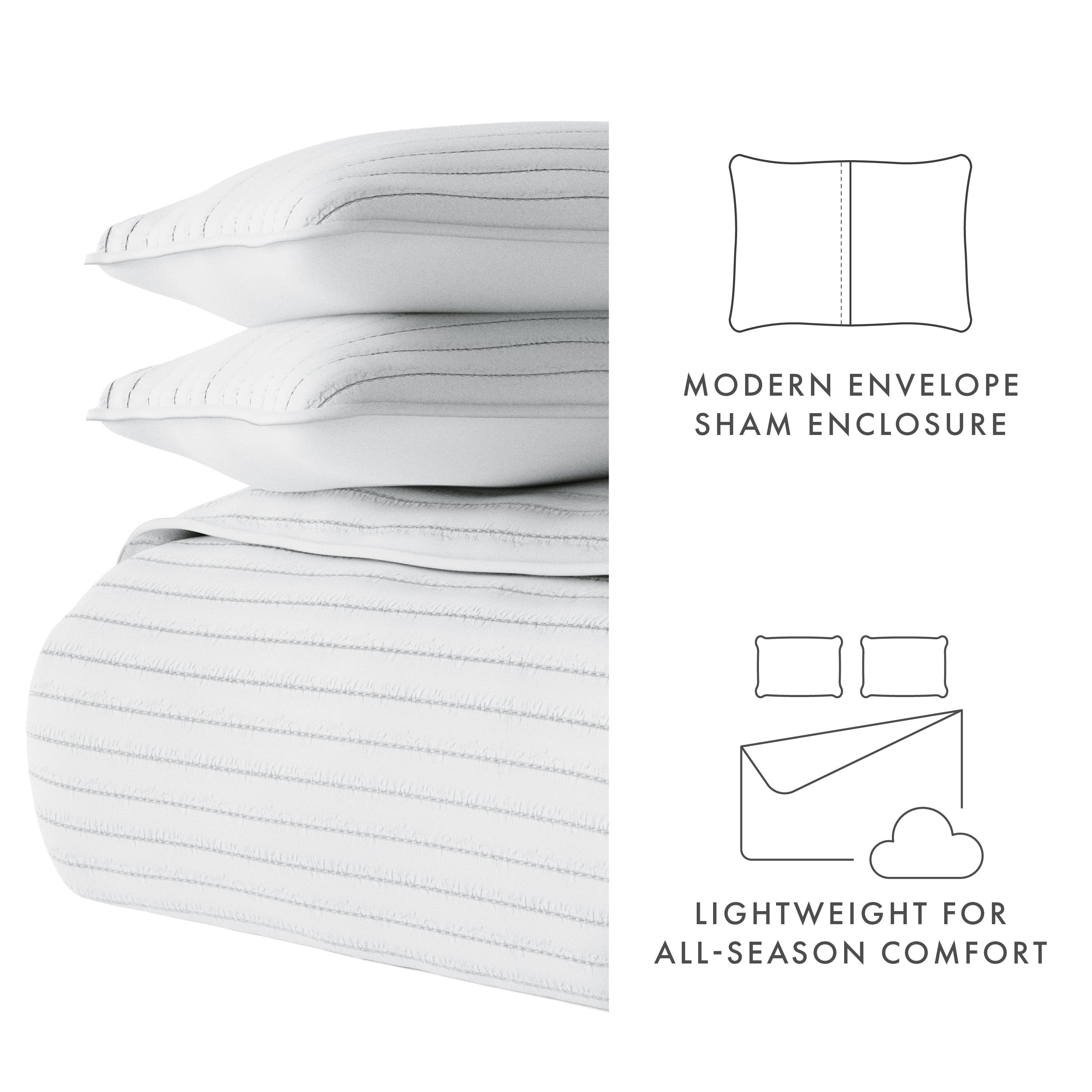 Noble Linens 3 Piece Light Gray Stripe Stitch Quilt Set, King / CalKing