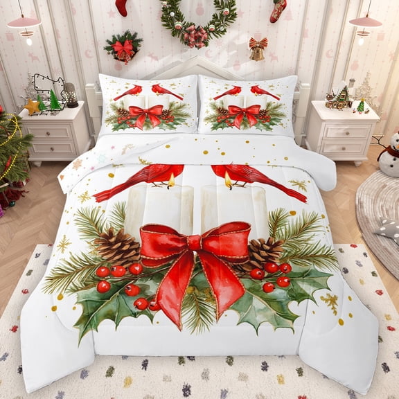 Manfei Red Cardinal Birds Bedding Comforter Set,Red Bow Tie Twin Comforter Sets,Christmas Floral Bedding Set For Men Women,Breathable Home Decor Reversible,2 Pieces