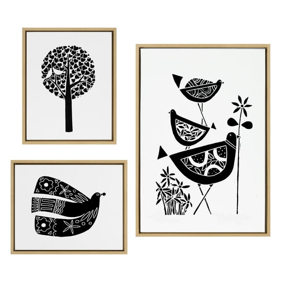 Kate and Laurel Sylvie Trio Linocut, Love Tree Linocut and Over the Cloud Linocut Framed Canvas Wall Art Set by Giuliana Lazzerini, 3 Piece Set Natural, Black and White Natural Art for Gallery Wall