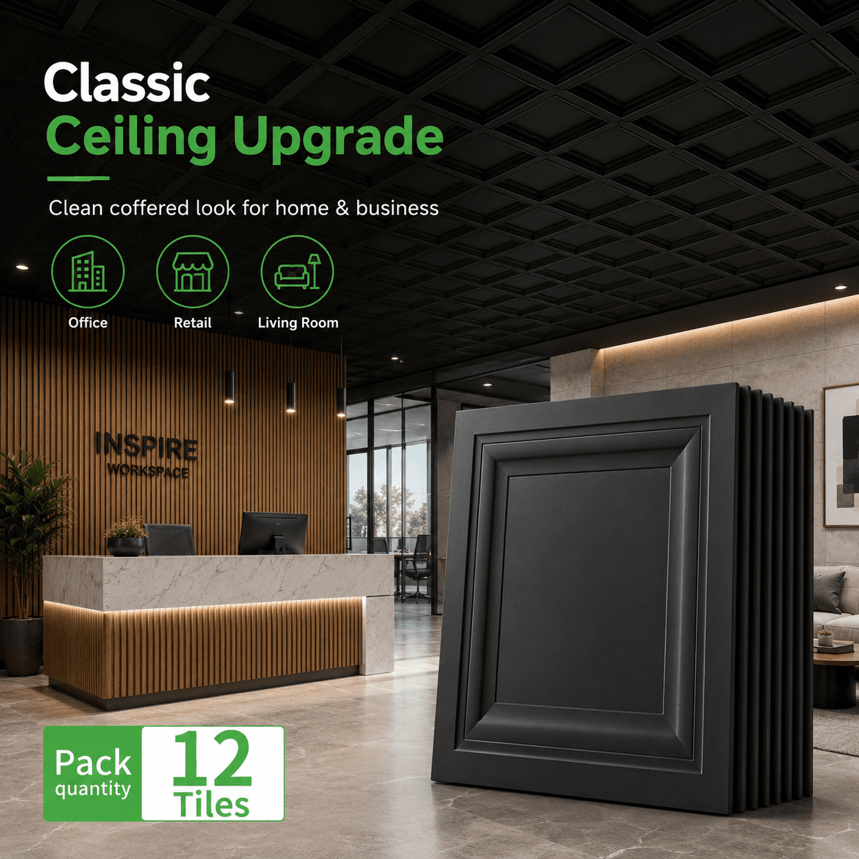 Yeslife 12-Pack Black PVC Drop Ceiling Tiles 2x2 ft, Waterproof Washable Reusable Ceiling Panels for Basement, Home & Office, Covers 48 sq ft