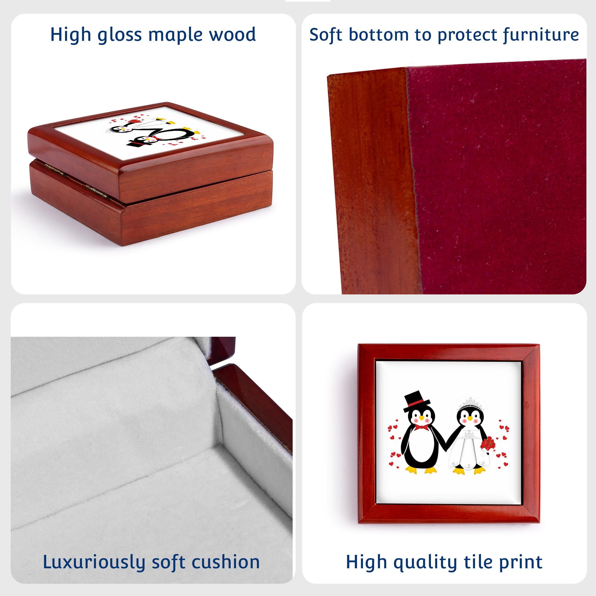 3dRose, Cute Red Hearts Penguin Bride and Groom Wedding Couple, Jewelry Box 5.5x5.5 inch with 4 inch tile