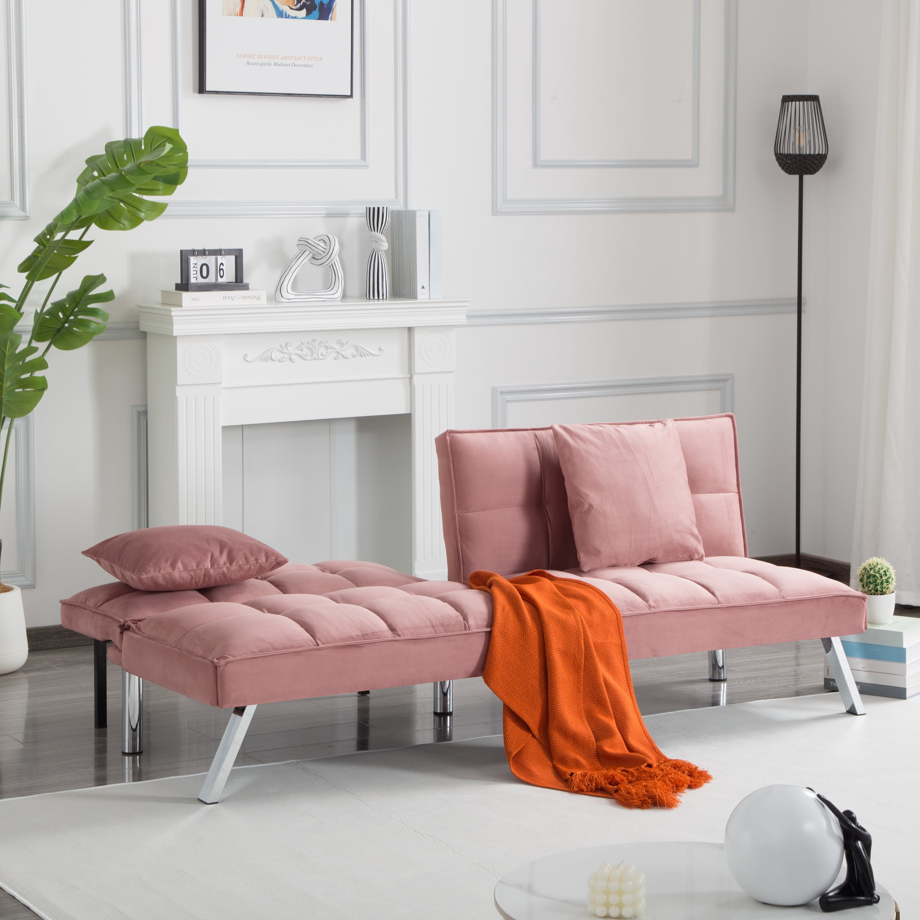 Gewnee Rose Red 67.7” Velvet Futon Sofa Bed, Modern Love Seat with Adjustable Backrest, 2 Throw Pillows, Suitable for Home, Office & Guest Room