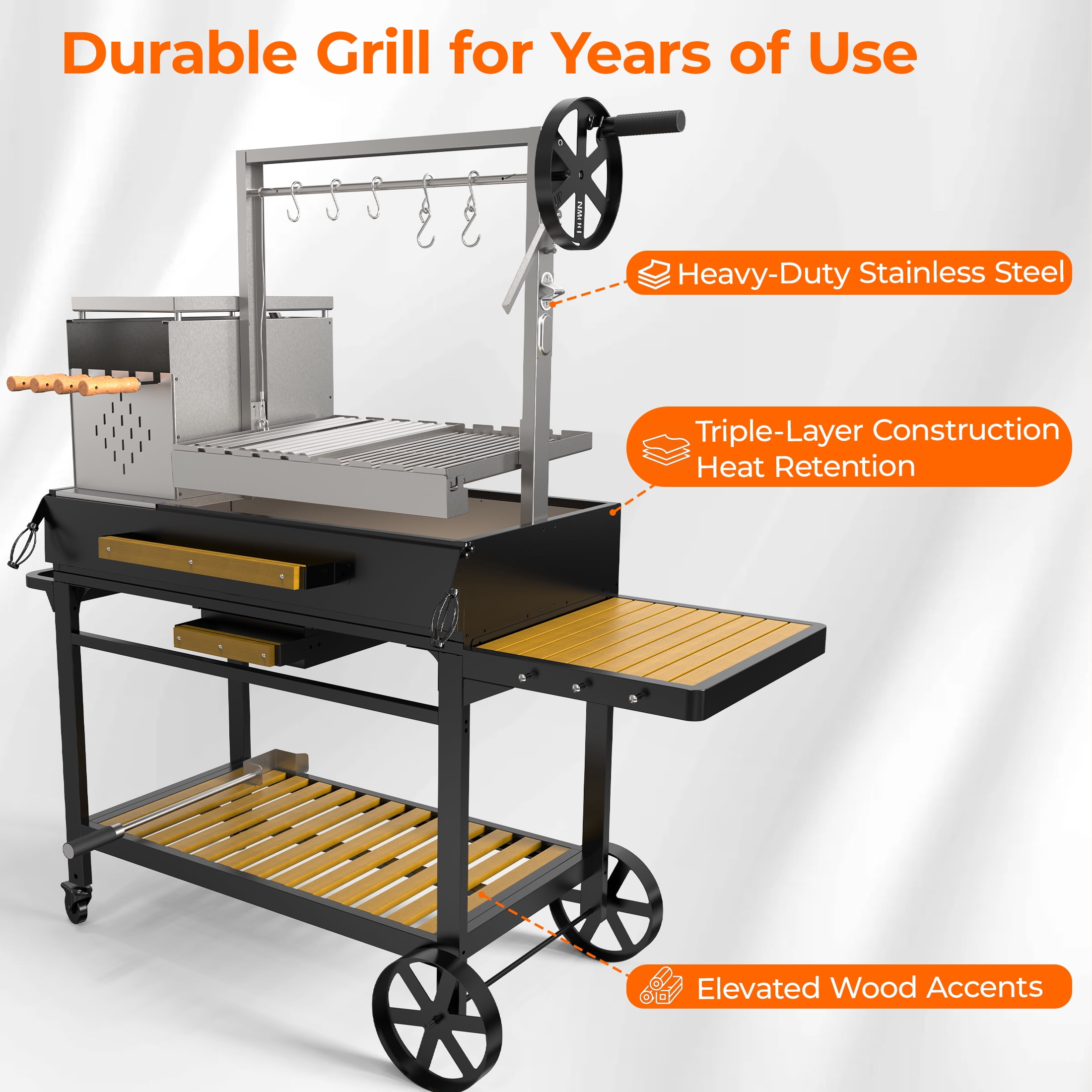 Flintex Professional Argentine Santa Maria Grill, Wood & Charcoal BBQ with Adjustable Height Grate, Asado Skewers & Tools, Ideal for Backyard & Patio Cooking