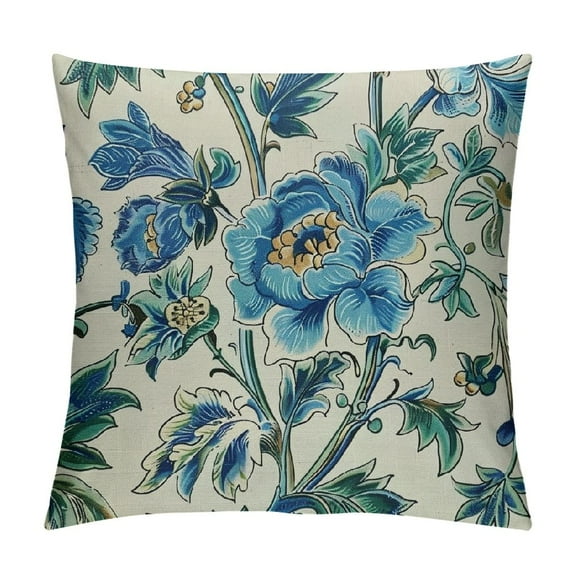Creowell Chinoiserie Pillow Cover Boho Blue Yellow Floral Print Decorative Outdoor Throw Pillow Covers Flower Pillowcase Square Cushion Cover for Bedroom Sofa Couch Home Decor,Multi-Size