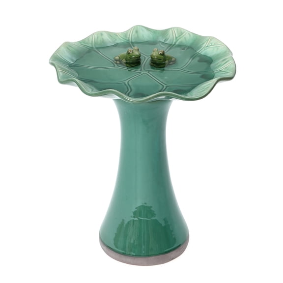 LuxenHome 20" Elegant Ceramic Bird Bath for Outside with Leaf Shaped Basin and Decorative Frogs, Green