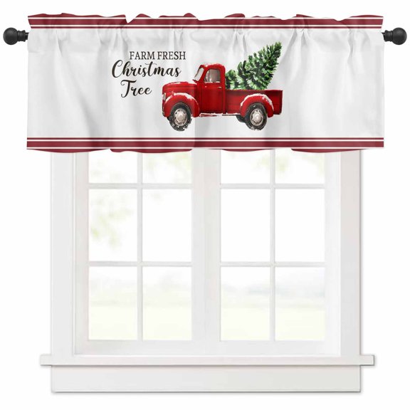 Christmas Farm Valances for Windows, Truck Xmas Tree Red Strips Light Filtering Window Treatment Valances, Rod Pocket Small Curtains for Kitchen/Bathroom, 54"x18"