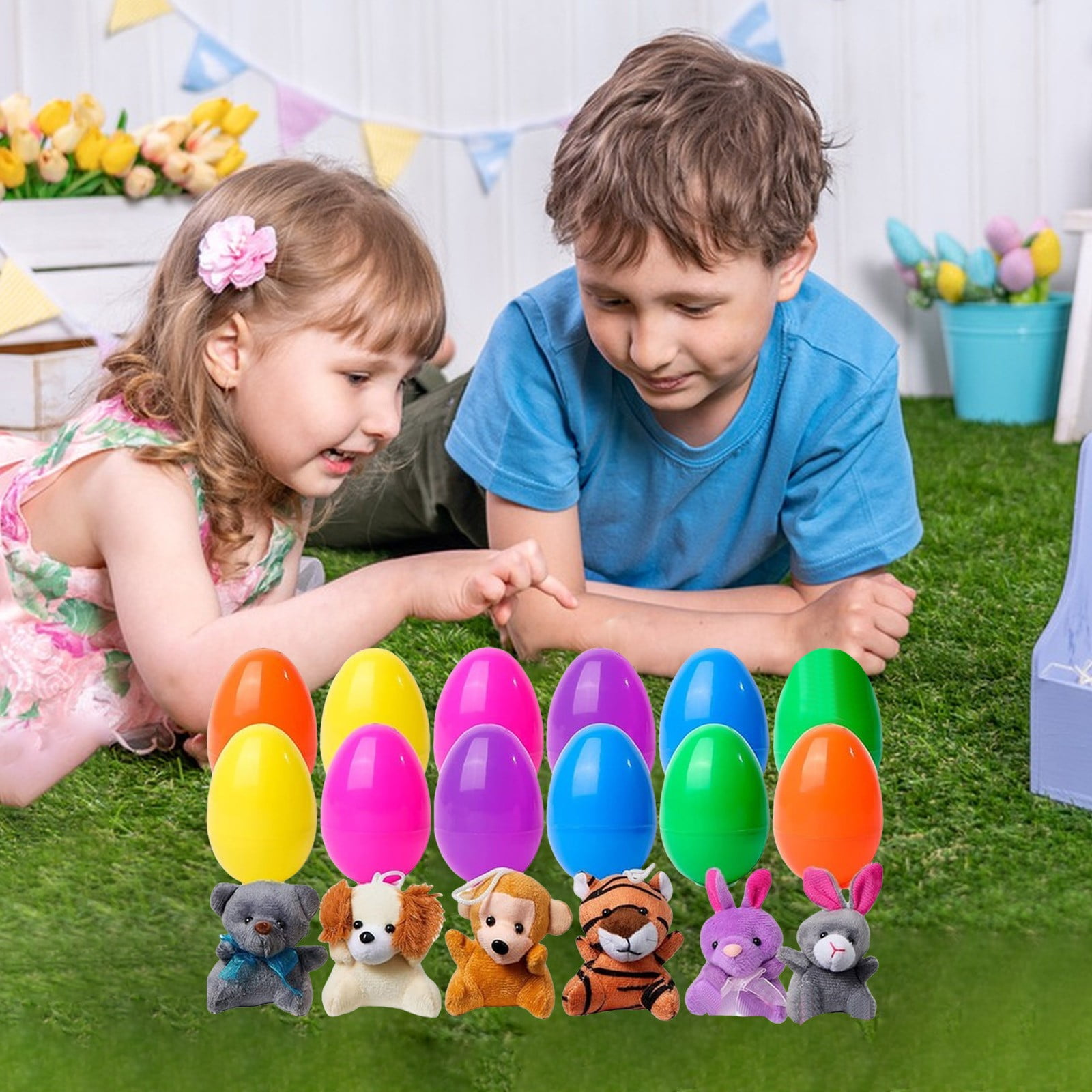 12 Pack Prefilled Easter Eggs of Mini Stuffed Animal Plush Toys Baster Stuffer Filler for Kids Easter Egg Hunt Game, Classroom Prize Supplies