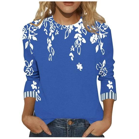 LiMoi Women's 3/4 Sleeve Round Neck Floral Pattern Blouse Soft Comfortable Top Tees Tshirts for Everyday Wear My Items