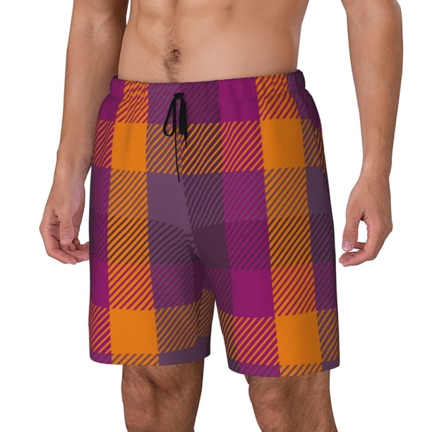 Balery Purple Yellow Buffalo Plaid Bañador para hombre, shorts de playa de secado rápido con entrepierna y forro de compresión-Large