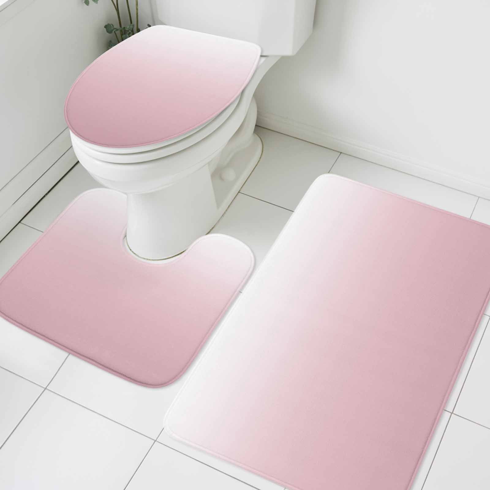Pink White Ombre Bath Mat 3 Piece Bathroom Rug Set, Pink Gradient Color Modern Abstract Art Non Slip Bath Rug Contour Mat and Toilet Lid Cover, Absorbent Shower Mats Soft Bath Rugs and Mats Sets