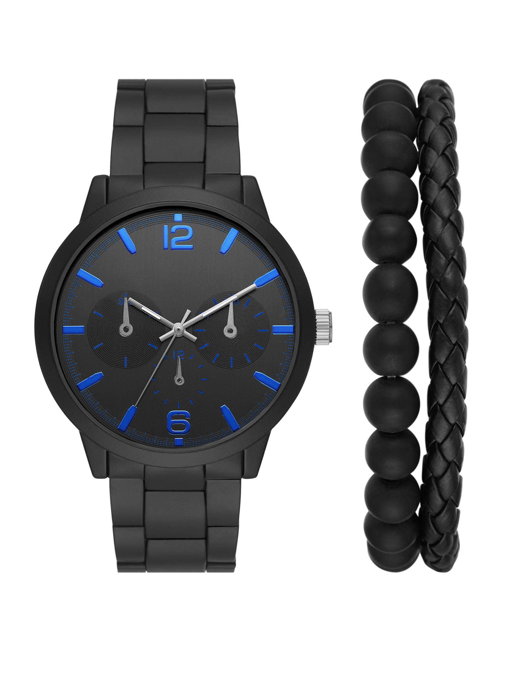 George Men's Watch Set with Black Round Case, Black Dial with Midnight Blue Markings and Hands and Black 3 Link Bracelet, Black Braided Vegan Leather Band and Black Stretchy Bead Bracelet