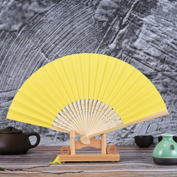 Abanico de papel plegable de 7 pulgadas 007 Amarillo, Abanico de boda de danza de patrón plegable de encaje de seda de color sólido