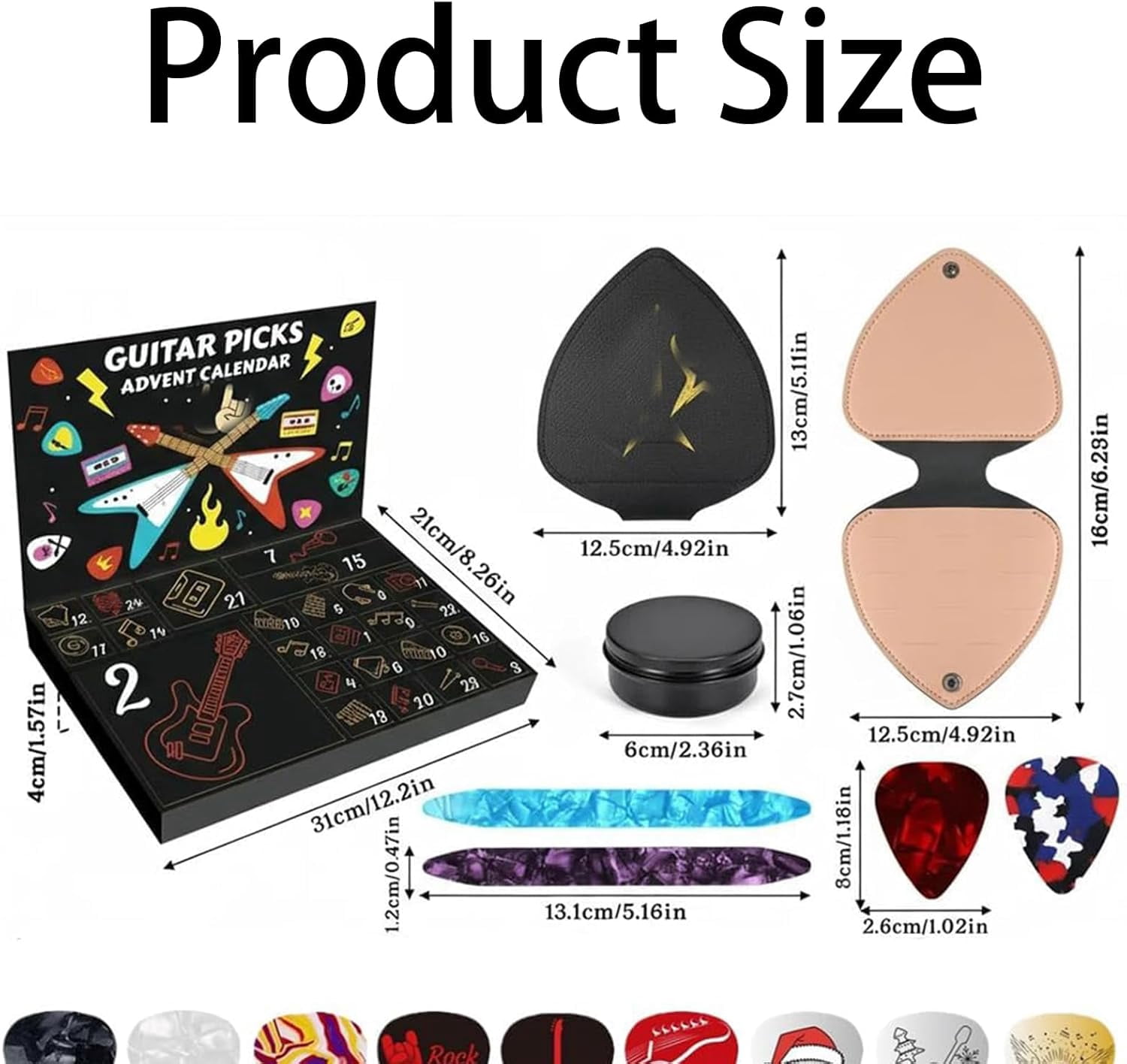 Guitar Picks Advent Calendars 2025, 24 Days Christmas Countdown Calendar With 20 Guitar Picks & Pick Case, Christmas Gift for Guitars, Bass, Ukulele Players