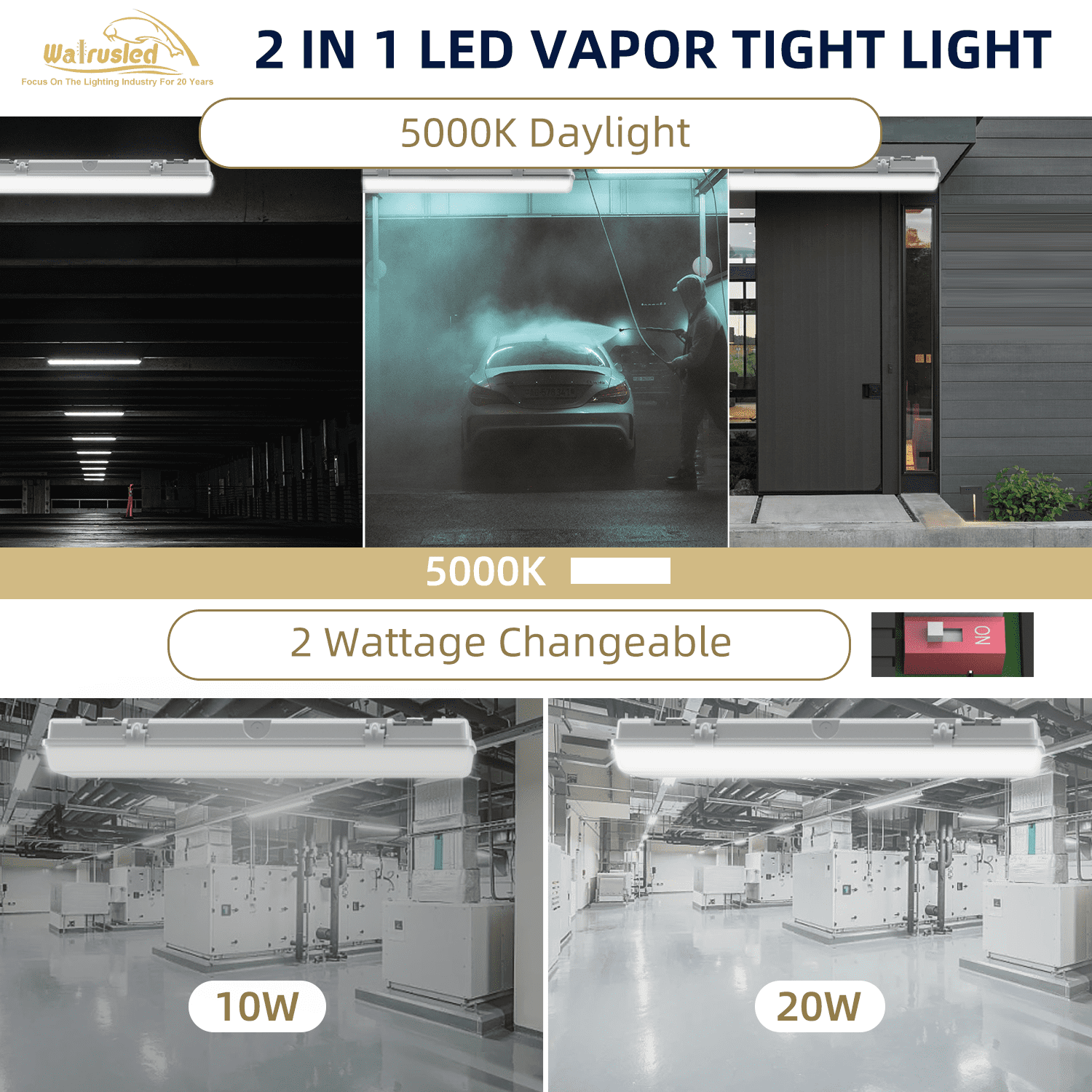 2FT Tri-Level Motion Sensor LED Vapor Tight Light, IP65 IK08, 10W(1250lm)/20W(2500lm) Selectable, 5000K, 100-277V, Dimmable, Outdoor Waterproof Shop Light,Vapor Proof Lighting Fixture for Carport,FCC