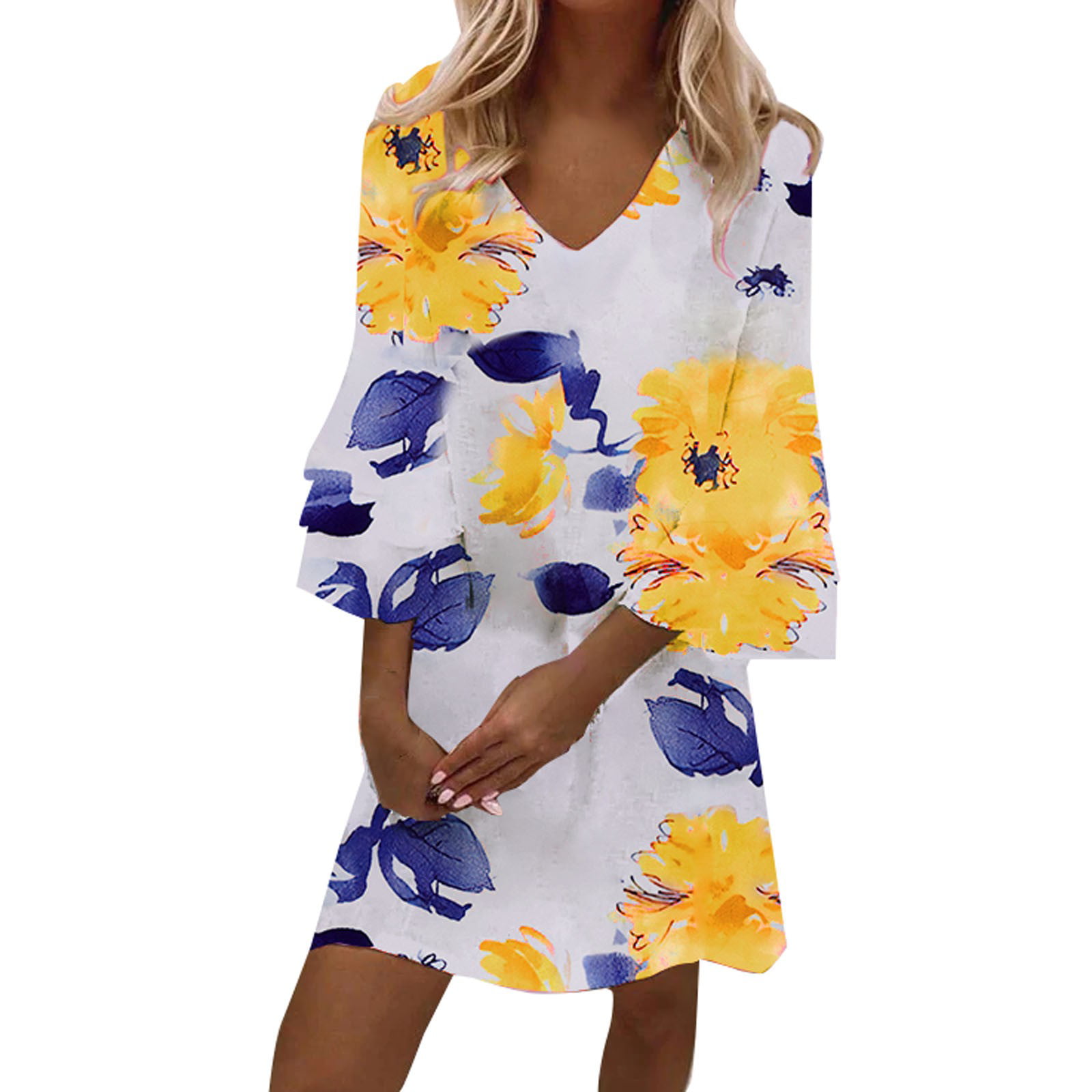 Fsqjgq Dresses for Women Summer Summer Dresses for Women 2022 Bell Sleeve  Three Layer Ruffle V Neck Loose Swing Print Dress Womens Casual Long Sleeve  Dresses with Pockets Round Neck Blue M -