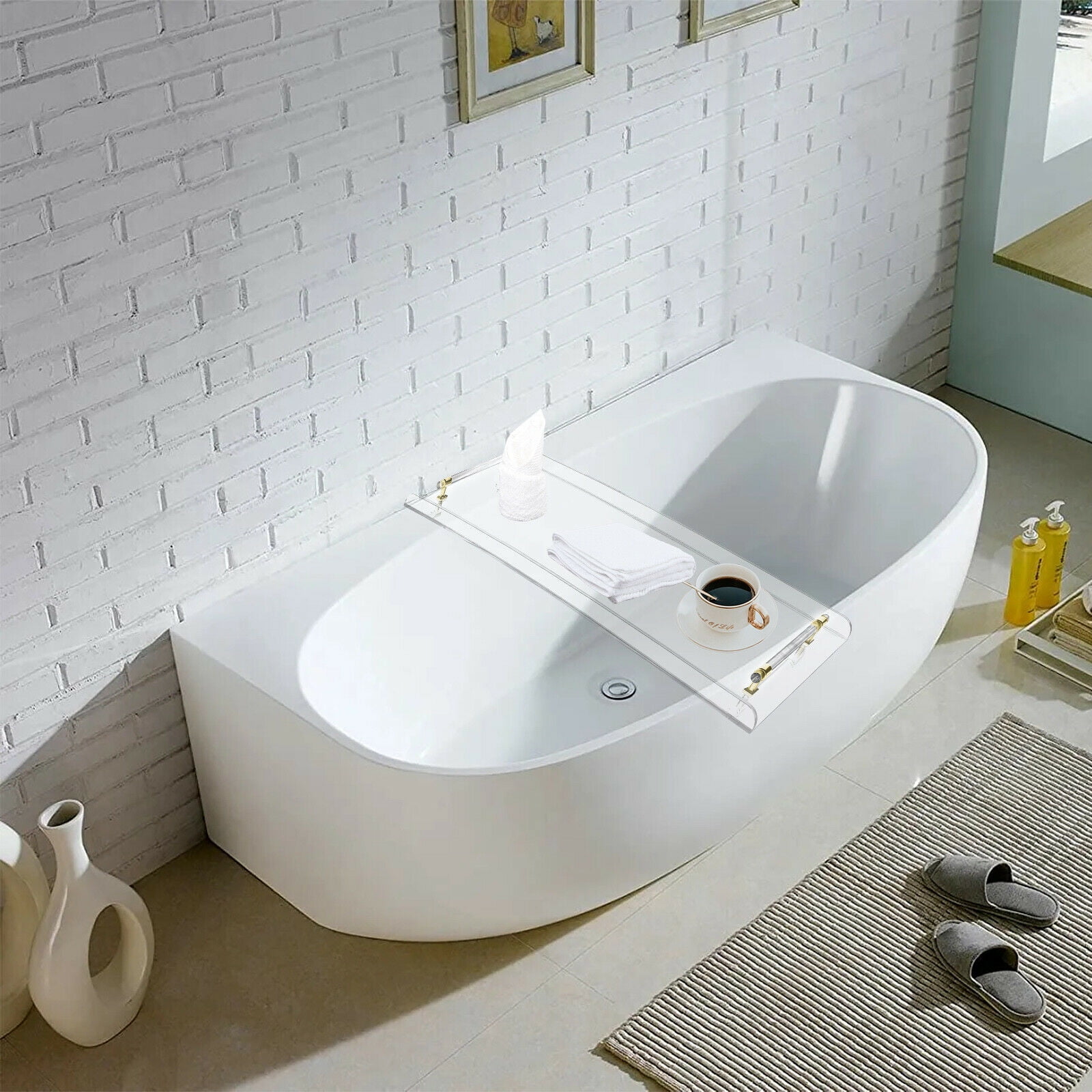 Acrylic Water Ripple Bathtub Tray Clear Bathroom Caddy Shelf with Gold  Handles