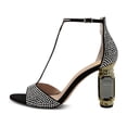 thumbnail image 2 of XYD Women Elegant T-Bar Sandals Open Toe Crystal Studs Ankle Strap Chunky Block High Heels Pumps Dressy Shoes Size 7 Black, 2 of 4