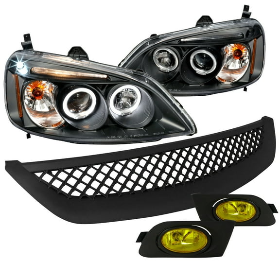Spec-D Tuning Black Halo LED Projector Headlights Yellow Fog Lights Grille Compatible with 2001-2003 Honda Civic 2 4 Dr Left Right Pair Headlamps Assembly