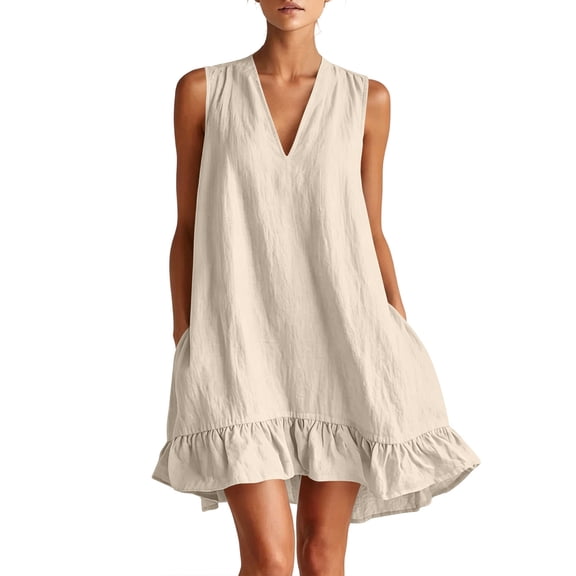 Yangnuo Women's Linen Blend Sleeveless V-Neck Ruffle Hem Mini Dress with Pockets Ladies Fashion Casual Loose Fit Solid Color Swing Dress