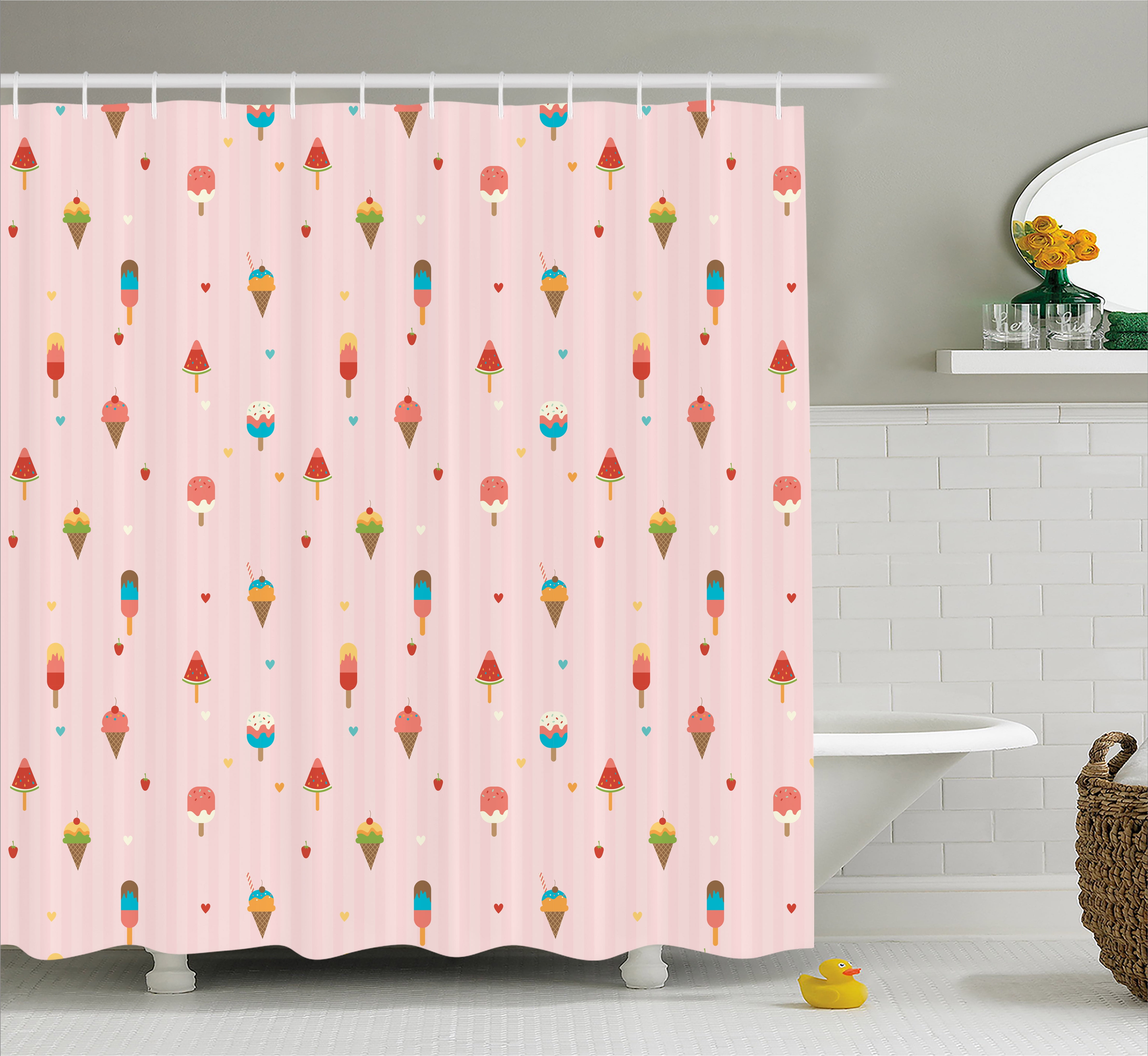 Ice Cream Shower Curtain, Pastel Pink Striped Backdrop with Hearts