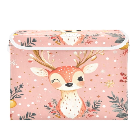 Storage Box With Lid 16.5x12.6x11.8In Foldable Stacked Household Storage Box Pink Christmas Deer