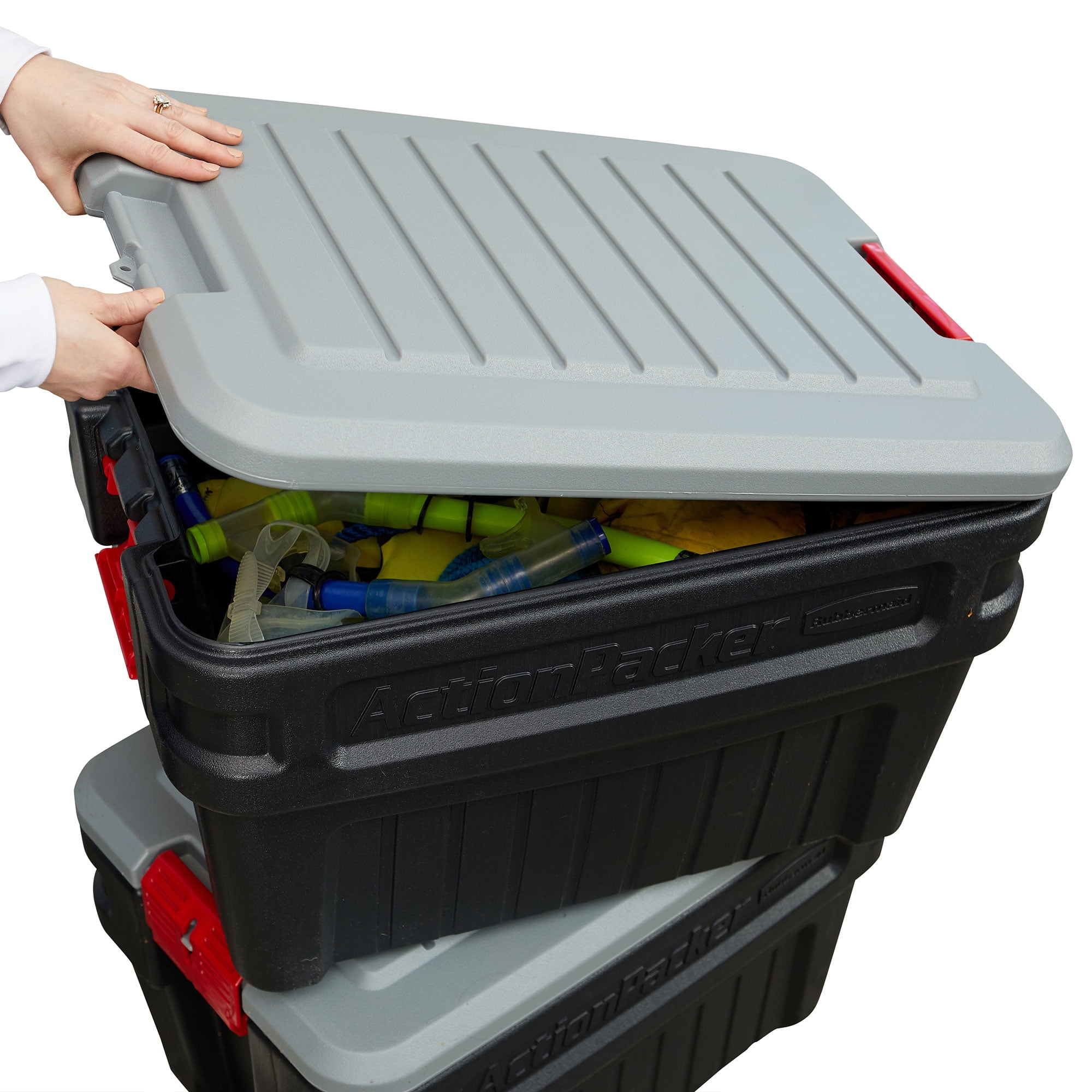 Rubbermaid 24 Gal Action Packer Lockable Latch Storage Container, Black (2  Pack) 51596240004