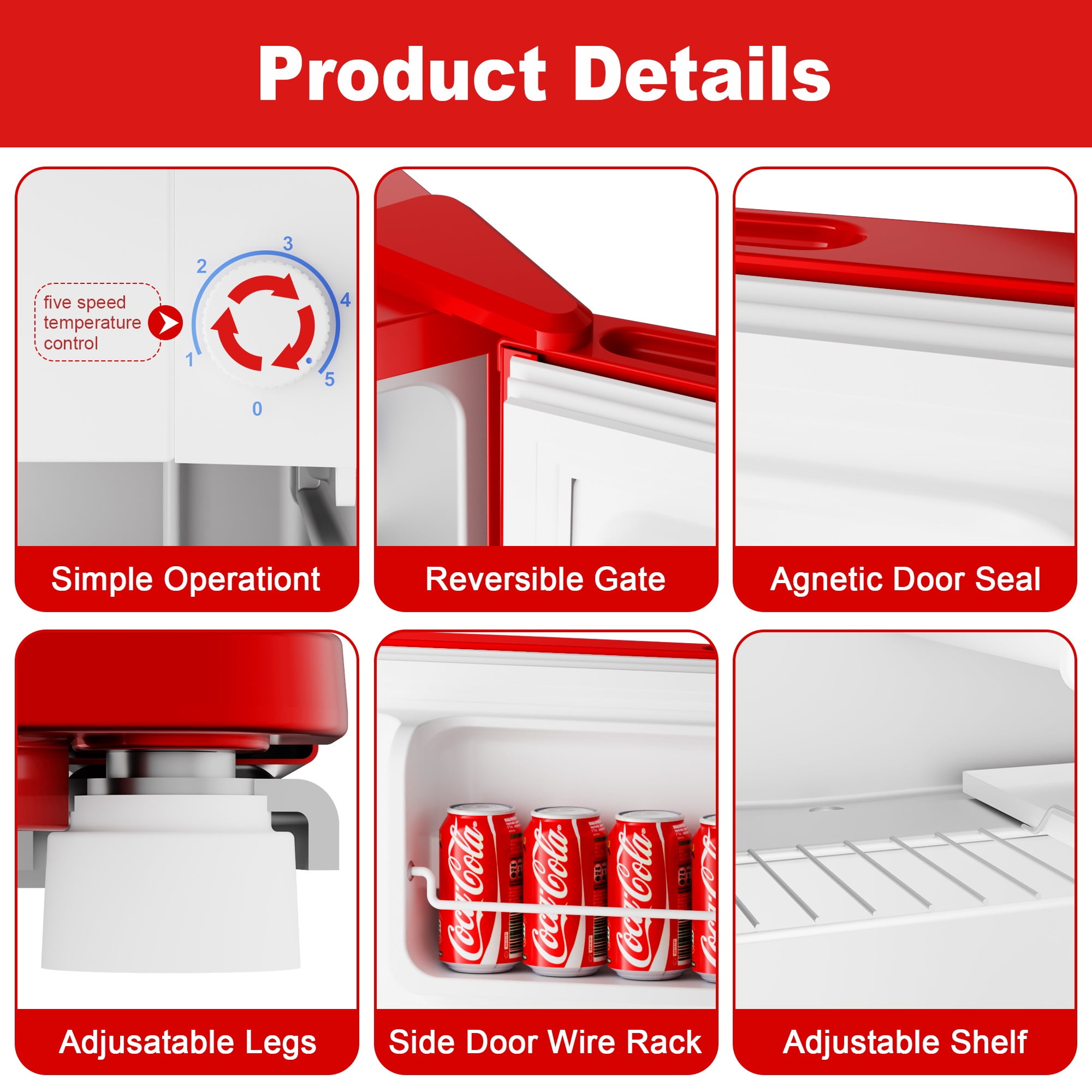 BANGSON 1.6 Cu.Ft Compact Refrigerator with Freezer, Energy Saving & Low Noise Mini Fridge for Office, Dorm, Bedroom - Adjustable Temp, Reversible Door,Red