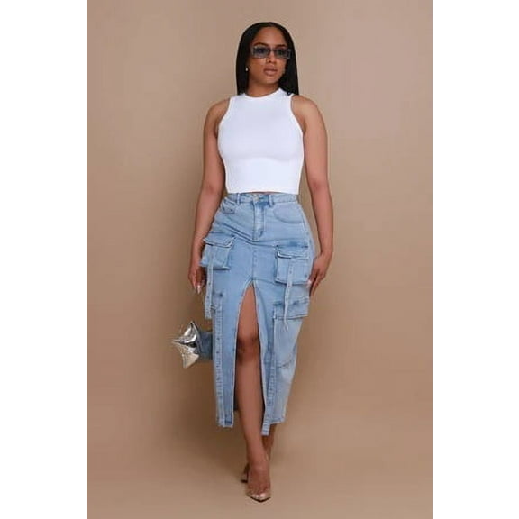 Women Cargo Pocket Midi Skirt (S, Blue)