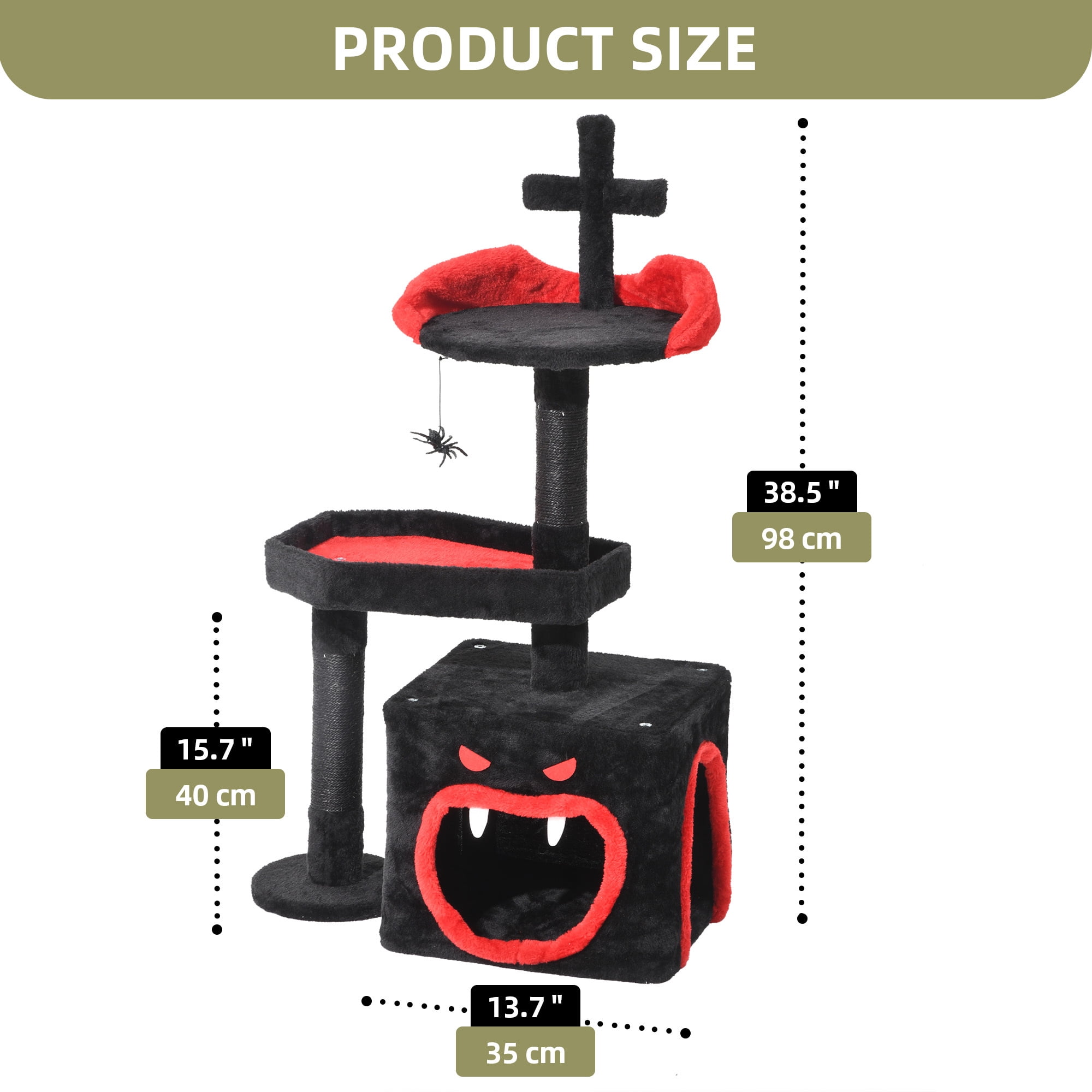 Uforic 38.5" Gothic Cat Tree with Coffin Bed, Tall Halloween Cat Tower for Indoor Cats with Sisal Scratching Posts, Black