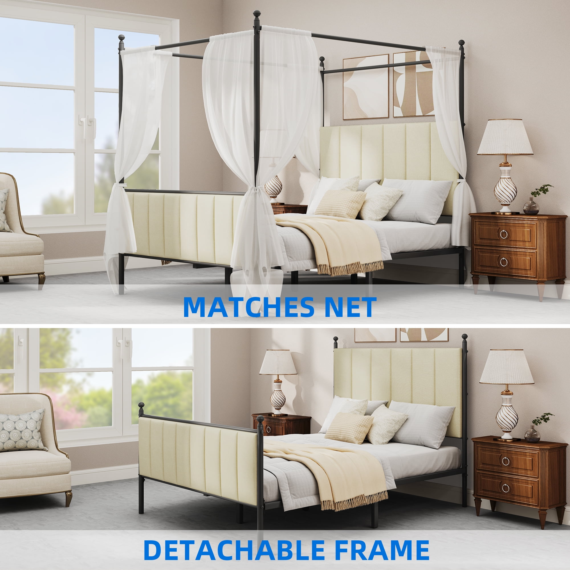 Dextrus-Queen Size Upholstered Metal Canopy Bed Frame, Strong Metal Slat Mattress Support, Beige
