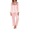 thumbnail image 5 of Womens Silk Pajama Sets Long Sleeve Satin Pajamas Set for Women Classic Button Down Silk Pajamas Women Satin Sleepwear Set Womens Soft Loungewear Set with Long Pants, S-XL (Pink), 5 of 13