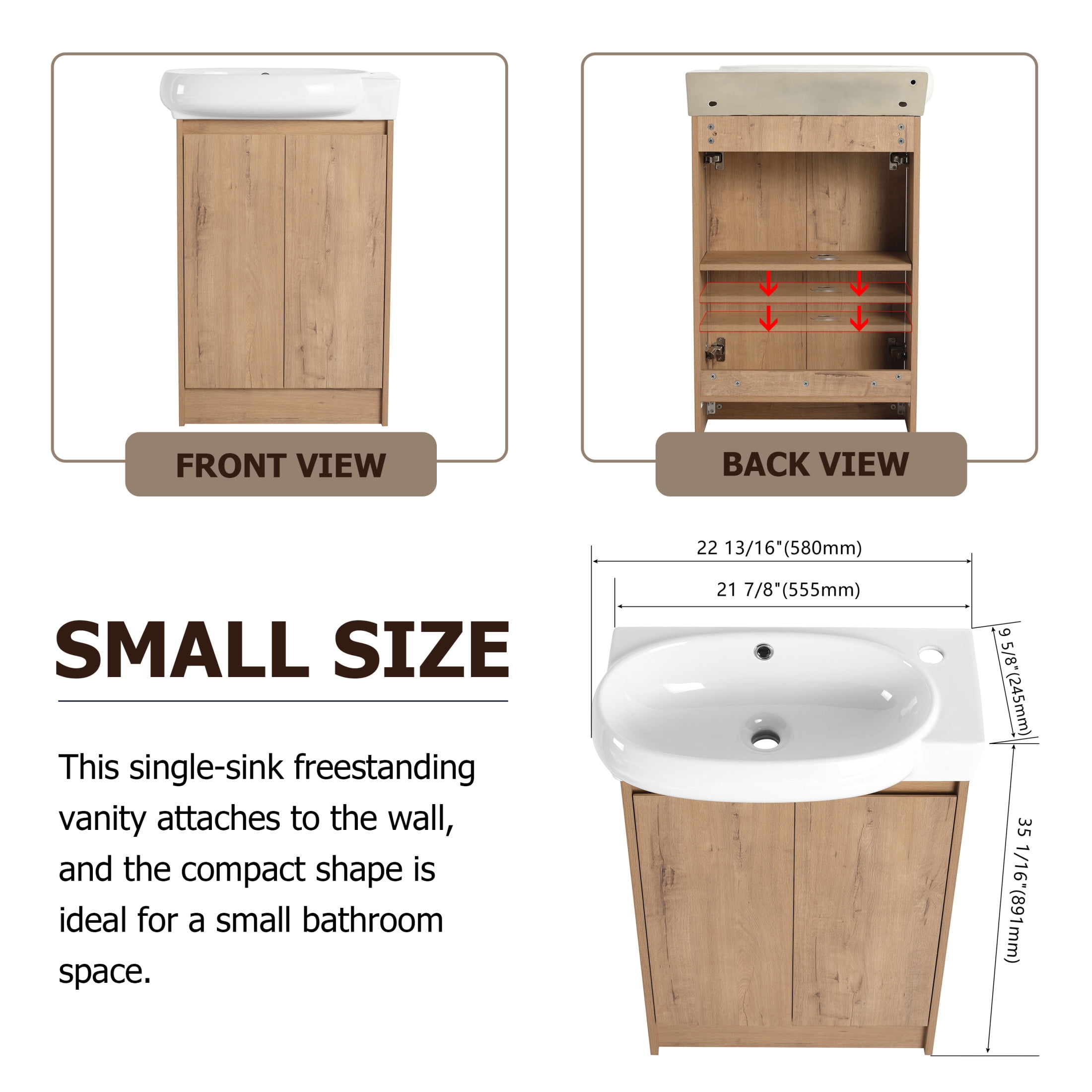 Noble House 23" Freestanding Bathroom Vanity with Sink, Soft Close Doors, Modern Storage Cabinet for Small Bathroom or Powder Room, Imitative Oak