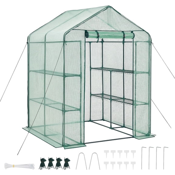 Walk-in Greenhouse 55.5 x 56.1 x 78.7 Inches Outdoor Portable Plant Garden with PE Cover 2 Tiers 8 Shelves Roll-Up Zipper Door Sunproof Walk in Greenhouse for Backyard Patio Plant Growing Setup