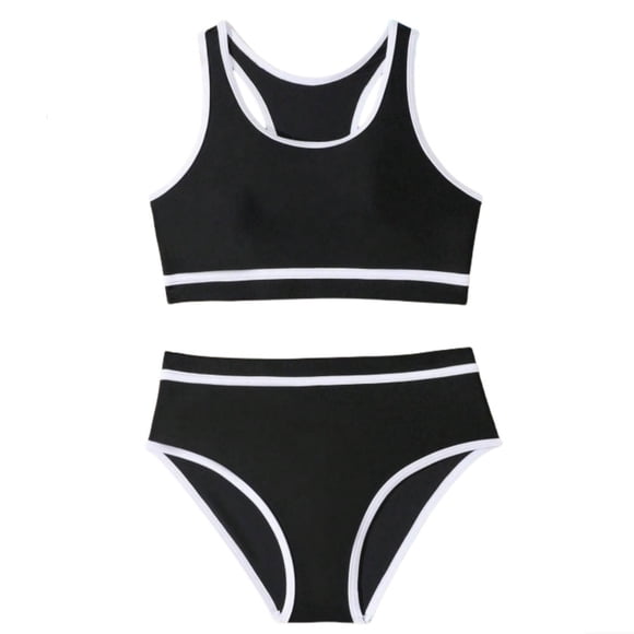 Maillot de Bain Fille à Blocs de Couleur Taille Haute Ensembles avec Coussinet de Poitrine Adolescentes Deux Pièces Maillot de Bain avec Coussinet de Poitrine Tenue de Bain 5-13T