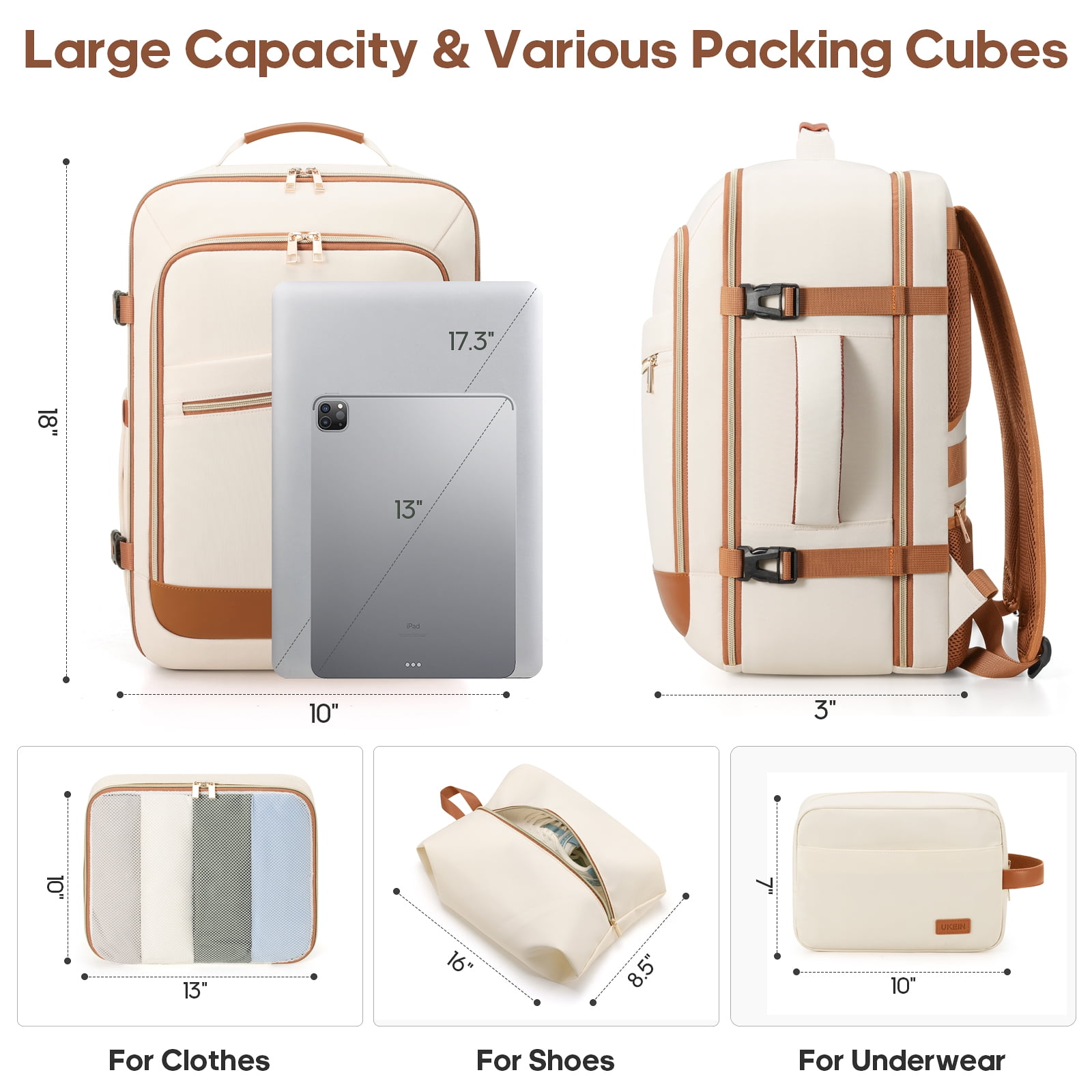 UKEIN Travel Backpack for Women Carry on Backpack Flight Approved 40L Personal Item Backpack Water Proof Backpack with Packing Cubes and Shoe Pocket