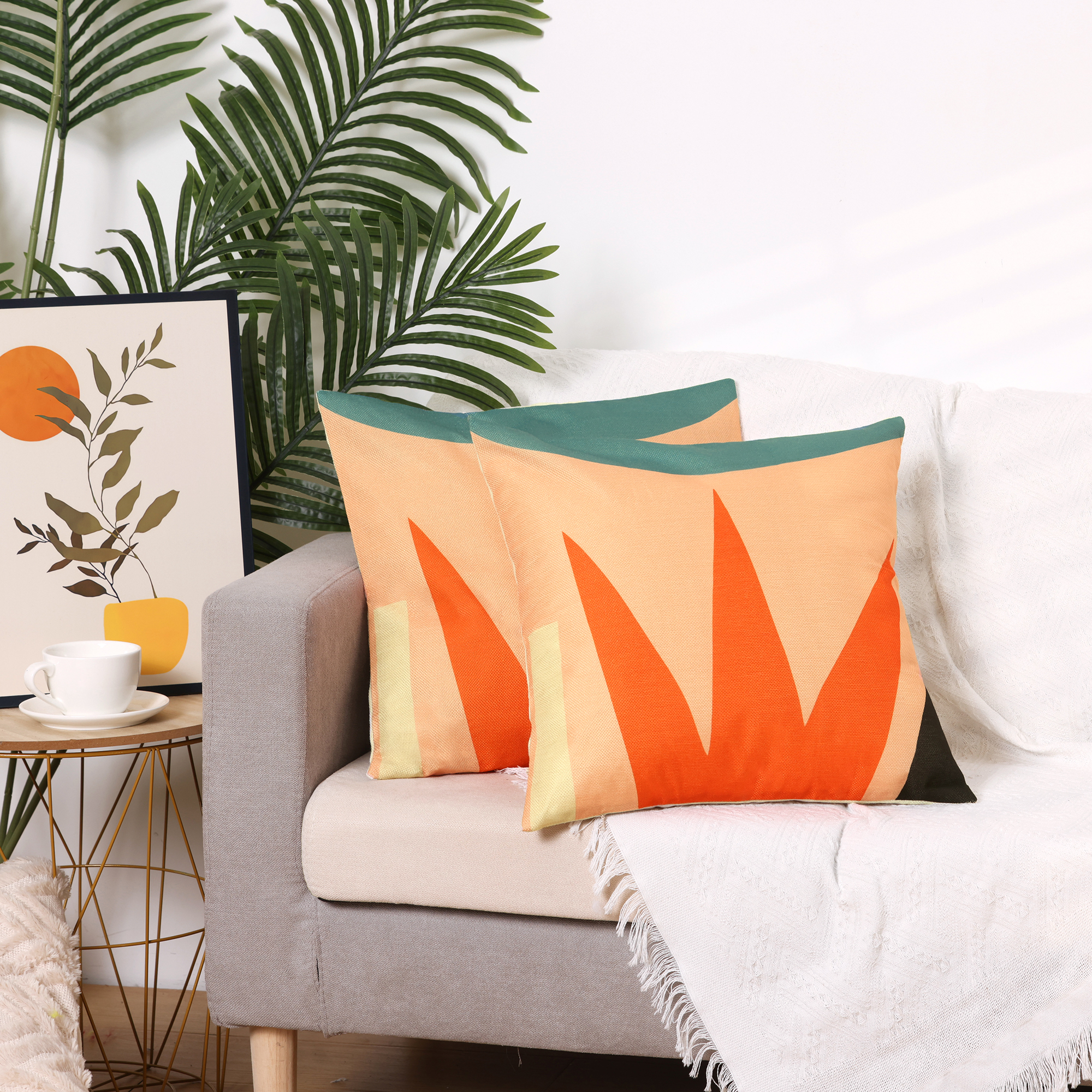 Unique Bargains Linen Printed Contemporary Decorative Throw Pillow Cover (2 Count) Orange-2 18" x 18"