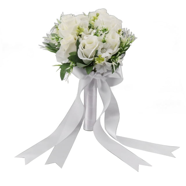 Ramos de boda, ramo de flores de mano, flores artificiales de seda falsas para novia, fiesta de bodas e iglesia, color blanco
