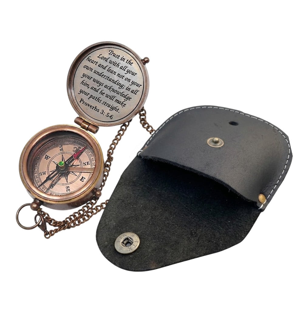 Engraved Brass Pocket Compass with Leather Case - Proverbs 3:5-6 Scripture Religious Gift - Working Nautical Compass for Men, Boys, Baptism, Confirmation, Graduation - Christian Keepsake