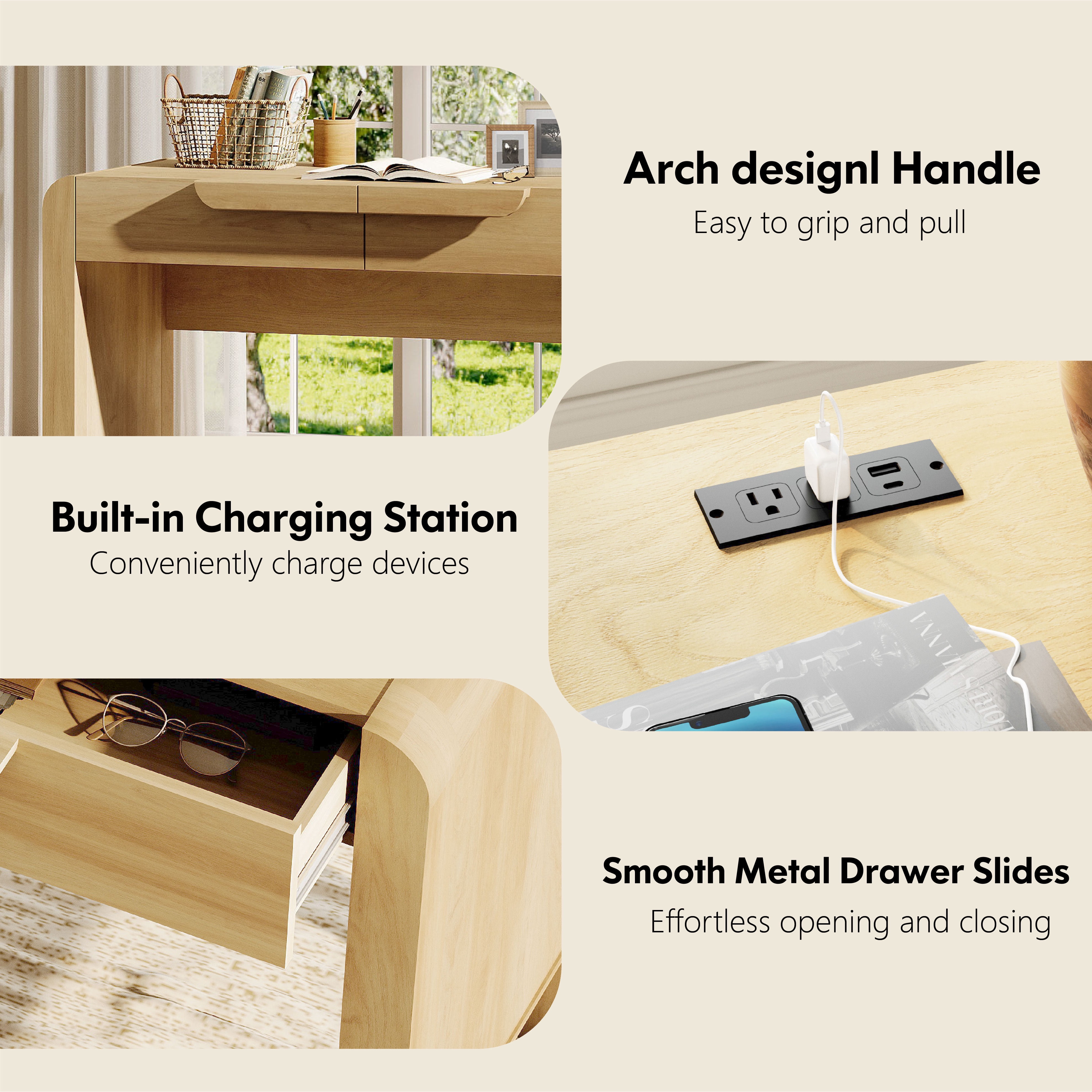 47.2”W Mid-century Modern Curved Waterfall Writing Desk With 2 Drawers，Wood Computer Desk With Charging Station, Standing Desk For Home Office