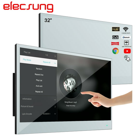 Elecsung 32 Pouces Smart Écran Tactile Salle de Bain Imperméable à l'Eau LED TV Miroir Magique Télévision Écran Tactile Plat