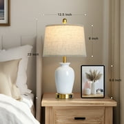 Cinkeda Set of 2 White Ceramic Table Lamps with USB-C & USB-A Ports, 23.5 Ginger Jar Bedside Lamps for Living Room, Bedroom