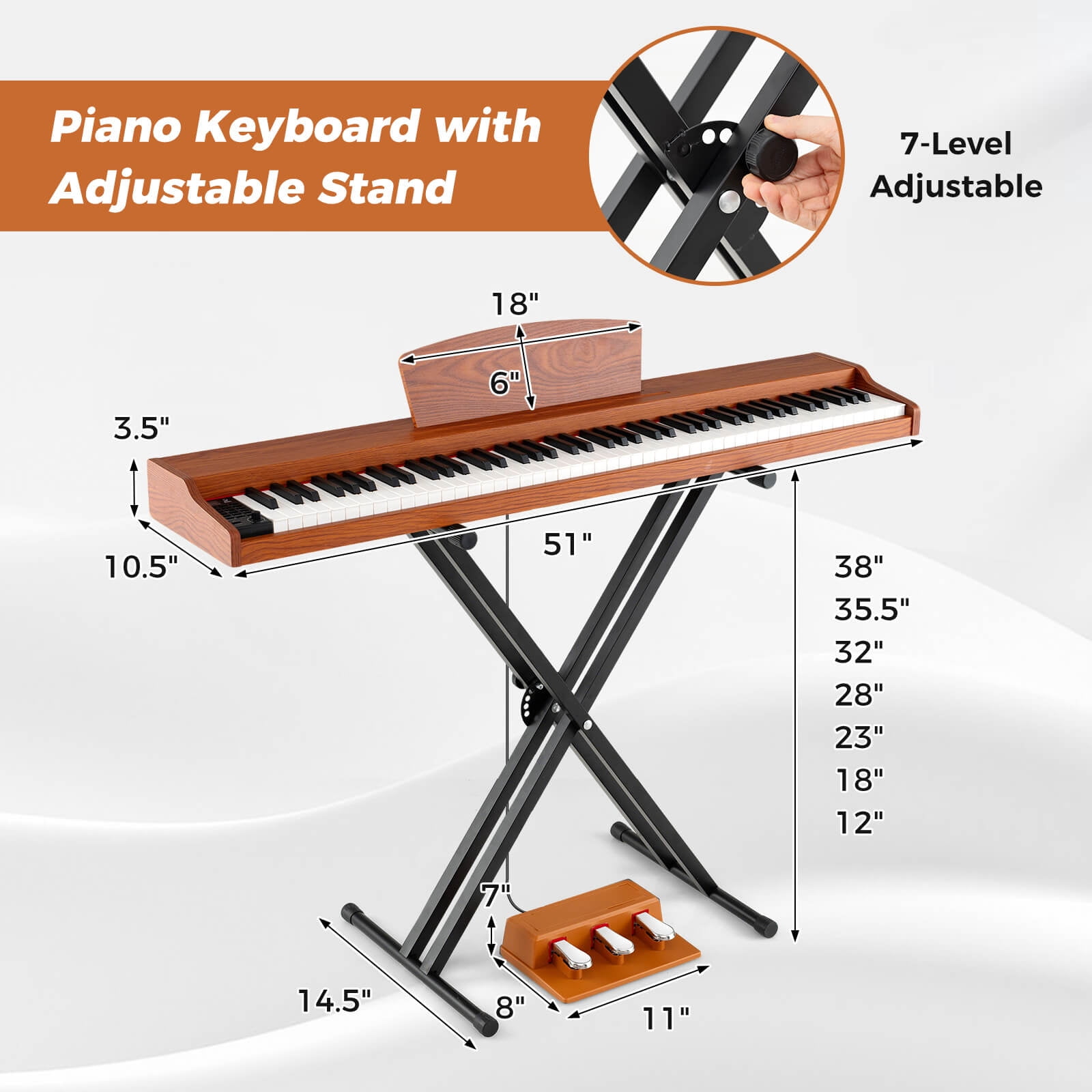Costway 88-Key Keyboard Piano Set with Adjustable Stand & 2 Keyboard Mode 2 Speakers Brown