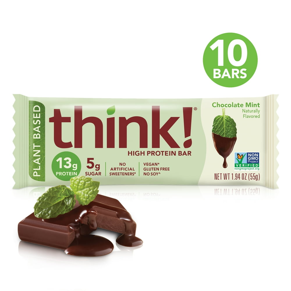 think! High Protein PlantBased Bars, Chocolate Mint, 1.94 oz Bar, 10