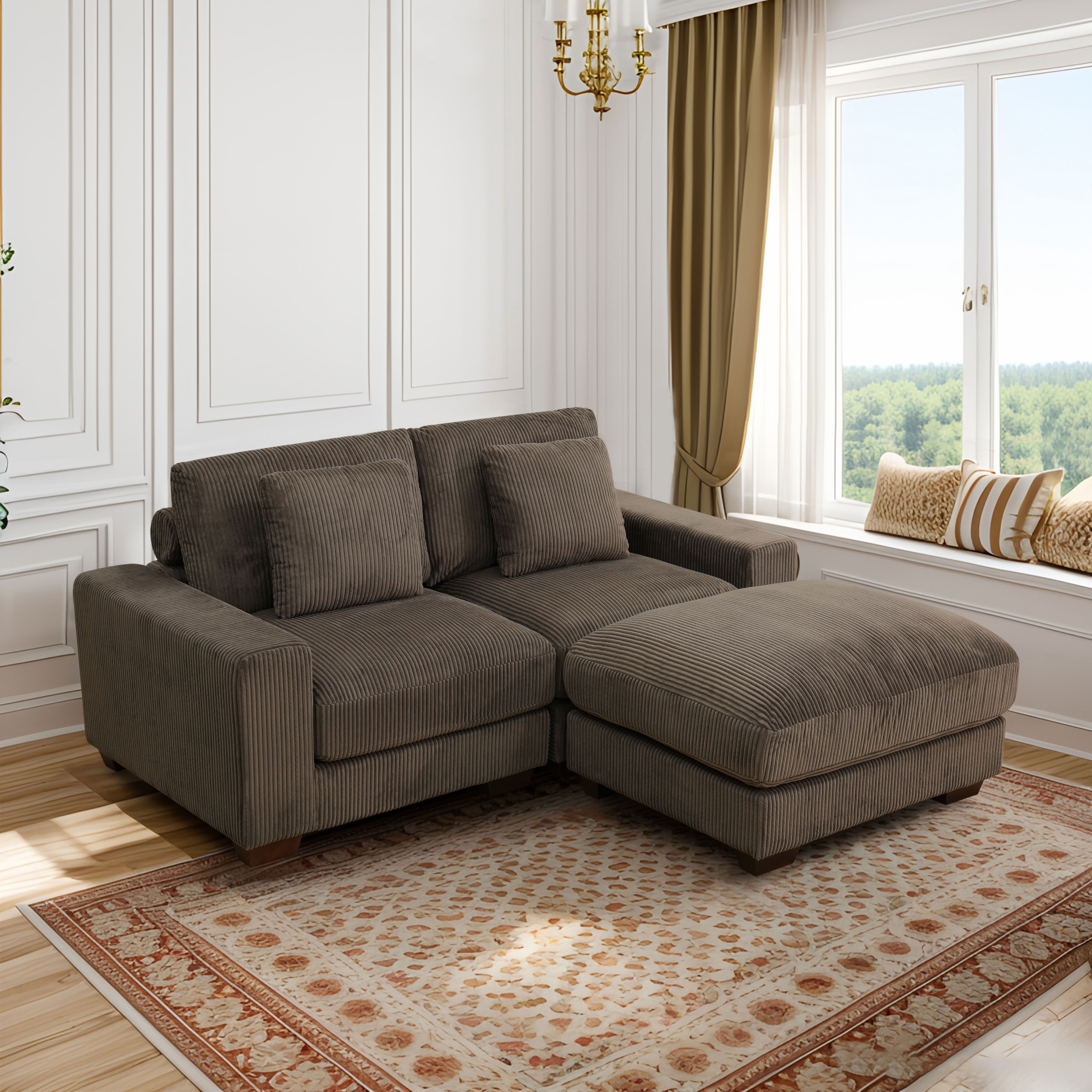 MAYEERTY Modular L-Shaped Sectional Sofa Set, Upholstered Couch with Ottoman & Anti-Insect Solid Wood Frame, for Living Room Family Room Apartment, Brown